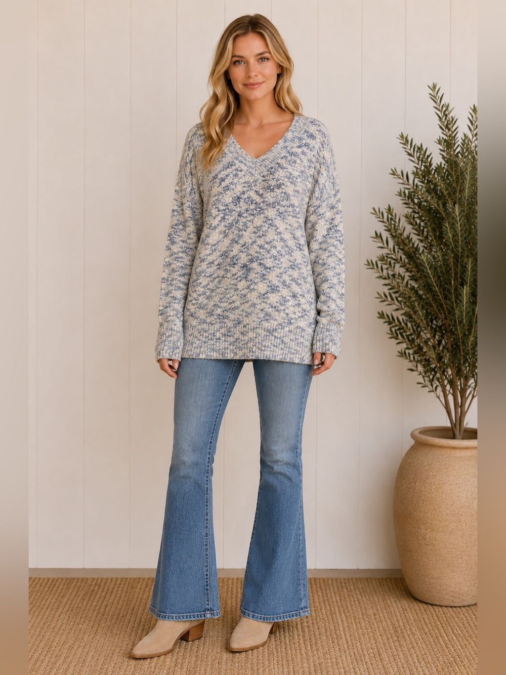 Cottagecore Cozy Sweater V-Neck Tunic Oversized Chunky Chic Heather Hygge Medium